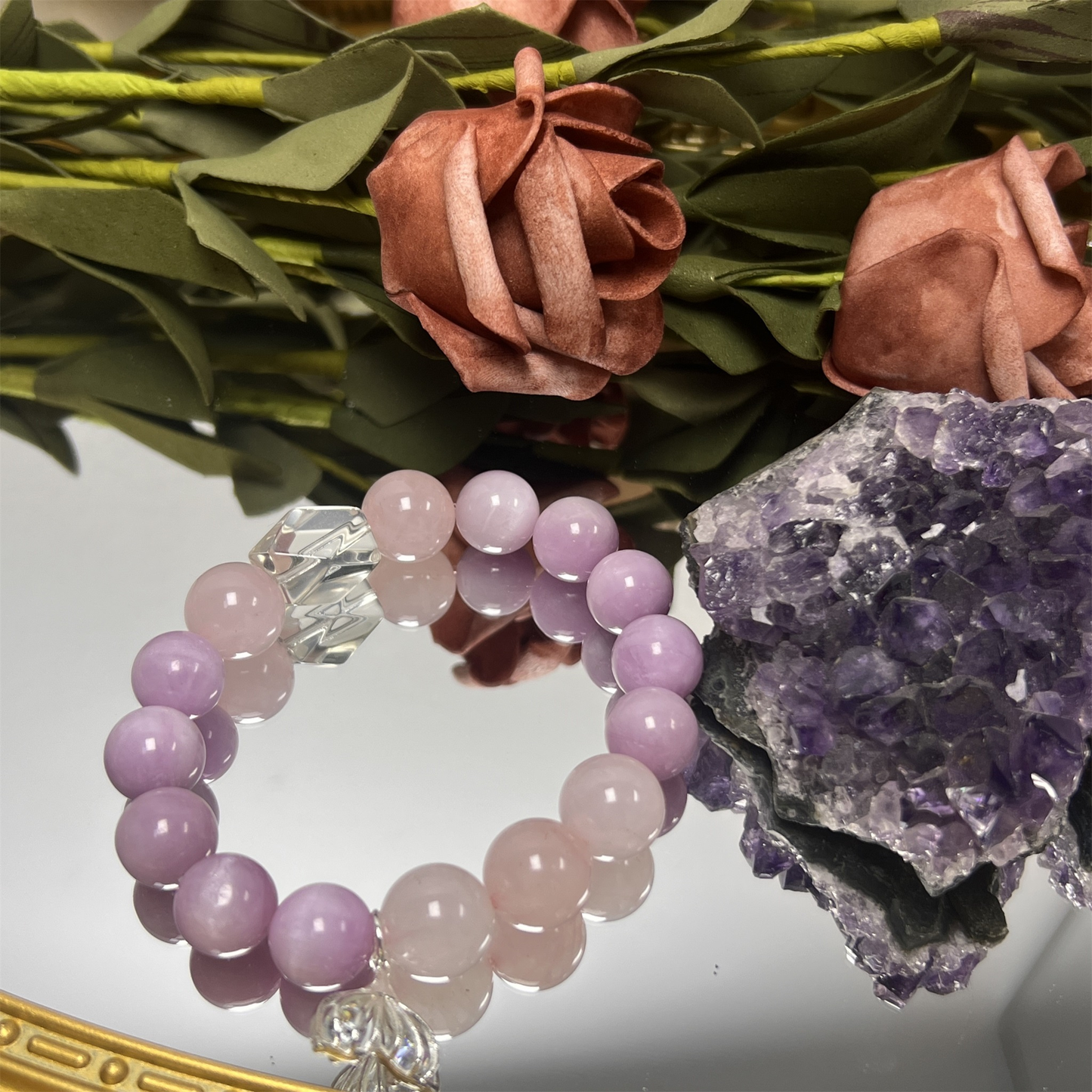 Handcrafted Rose Quartz Kunzite Crystal Bracelet - Heart Chakra Healing Jewelry