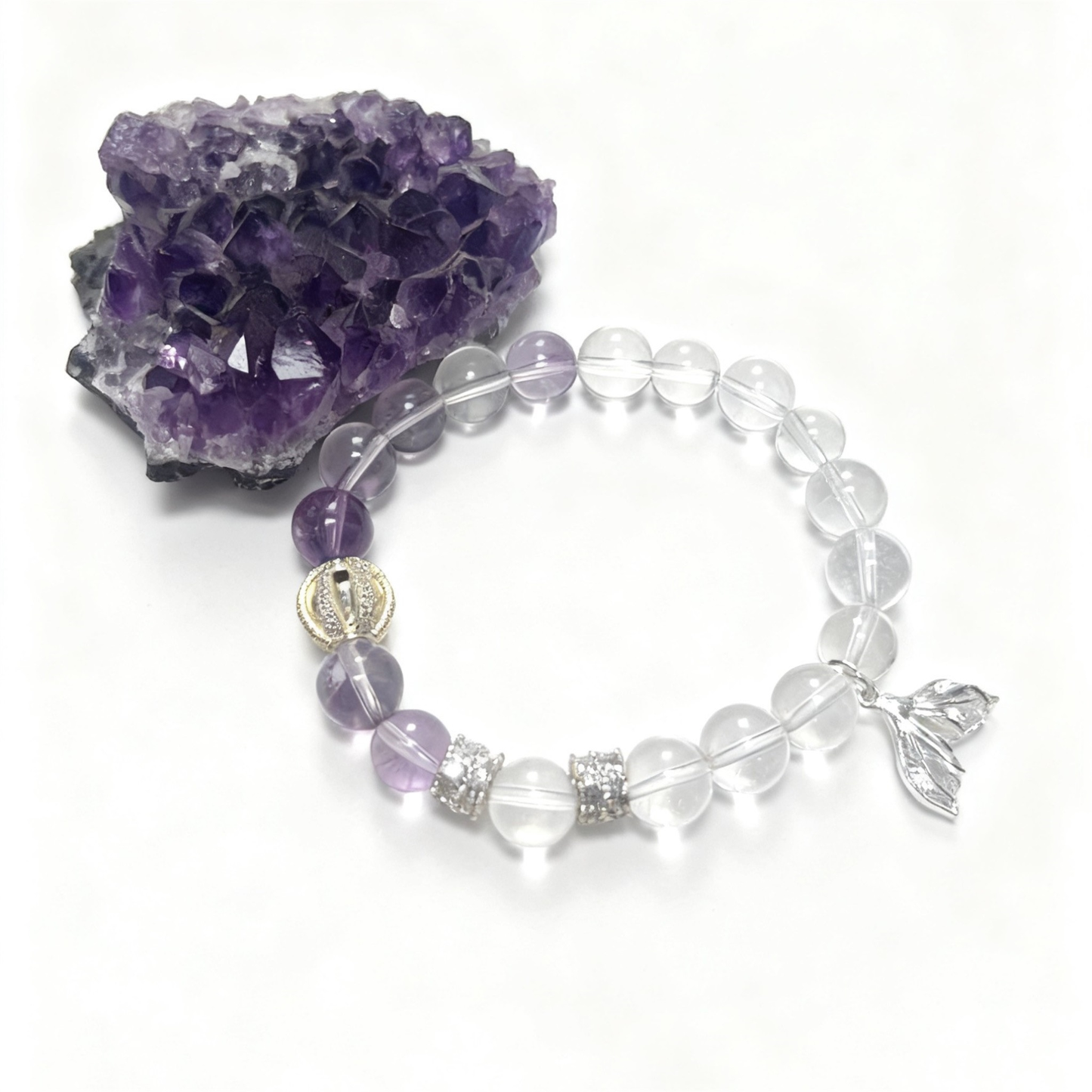 Clear Quartz Amethyst Bracelet on Wrist - Spiritual Protection and Energy Amplification Jewelry