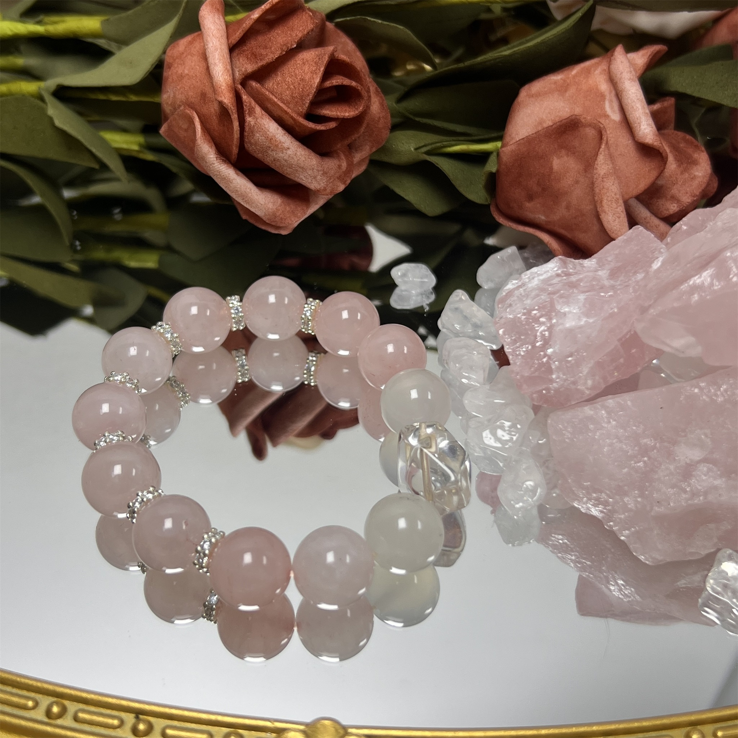 Rose Quartz White Agate Clear Quartz Bracelet on Wrist - Emotional Balance Love Energy Jewelry Special Offer