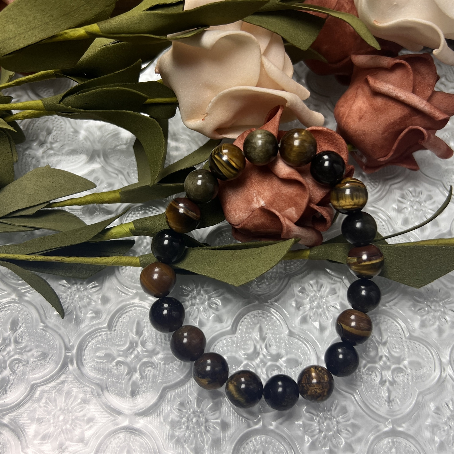 Natural Tiger's Eye and Gold Obsidian Gemstone Beads - Healing Crystal Bracelet by Eurys