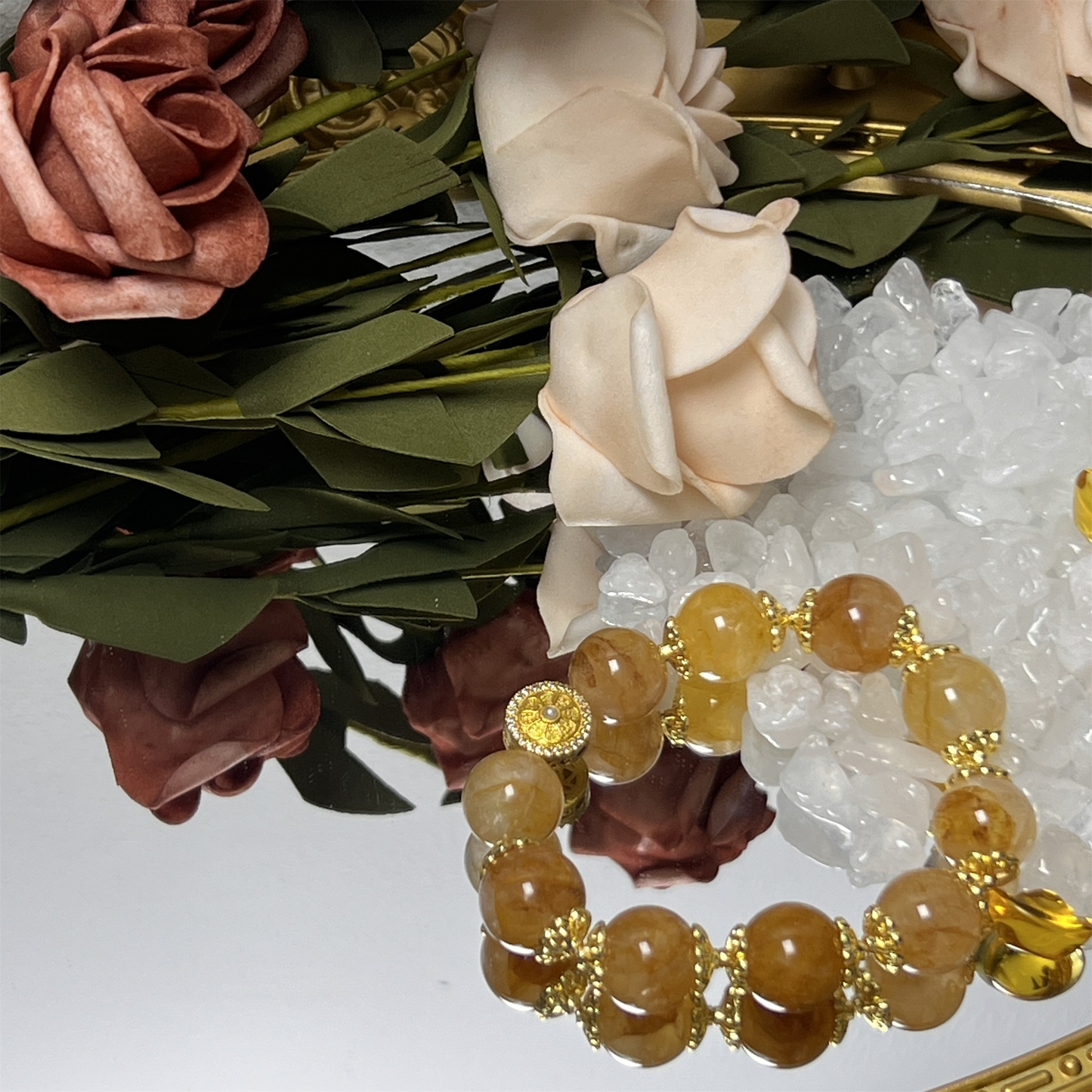 Tibetan Compass Charm on Yellow Garden Quartz Bracelet - Wisdom & Protection Jewelry by Eurys