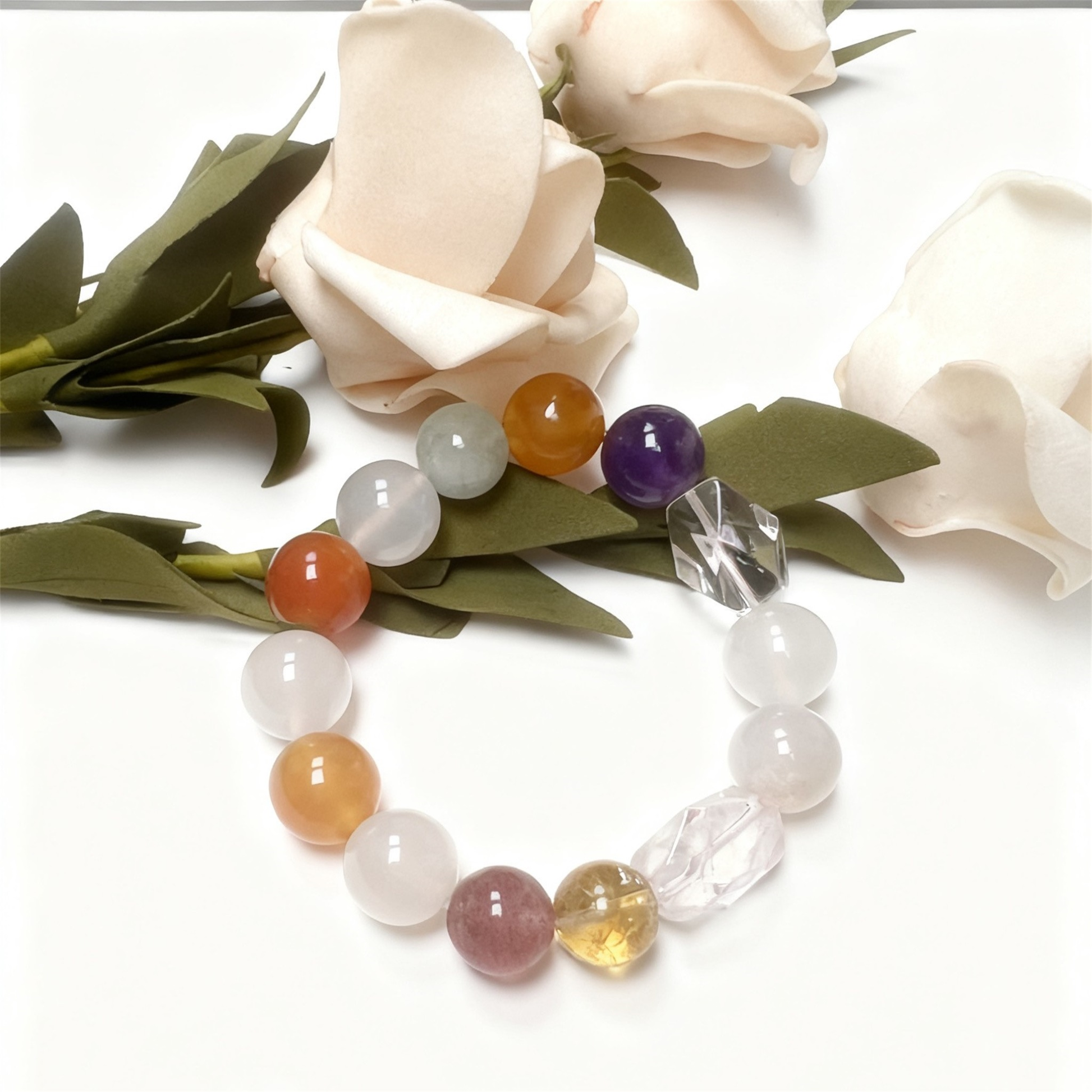 Natural Agate Beads Close Up - White Agate Red Agate Clear Quartz Flower Agate