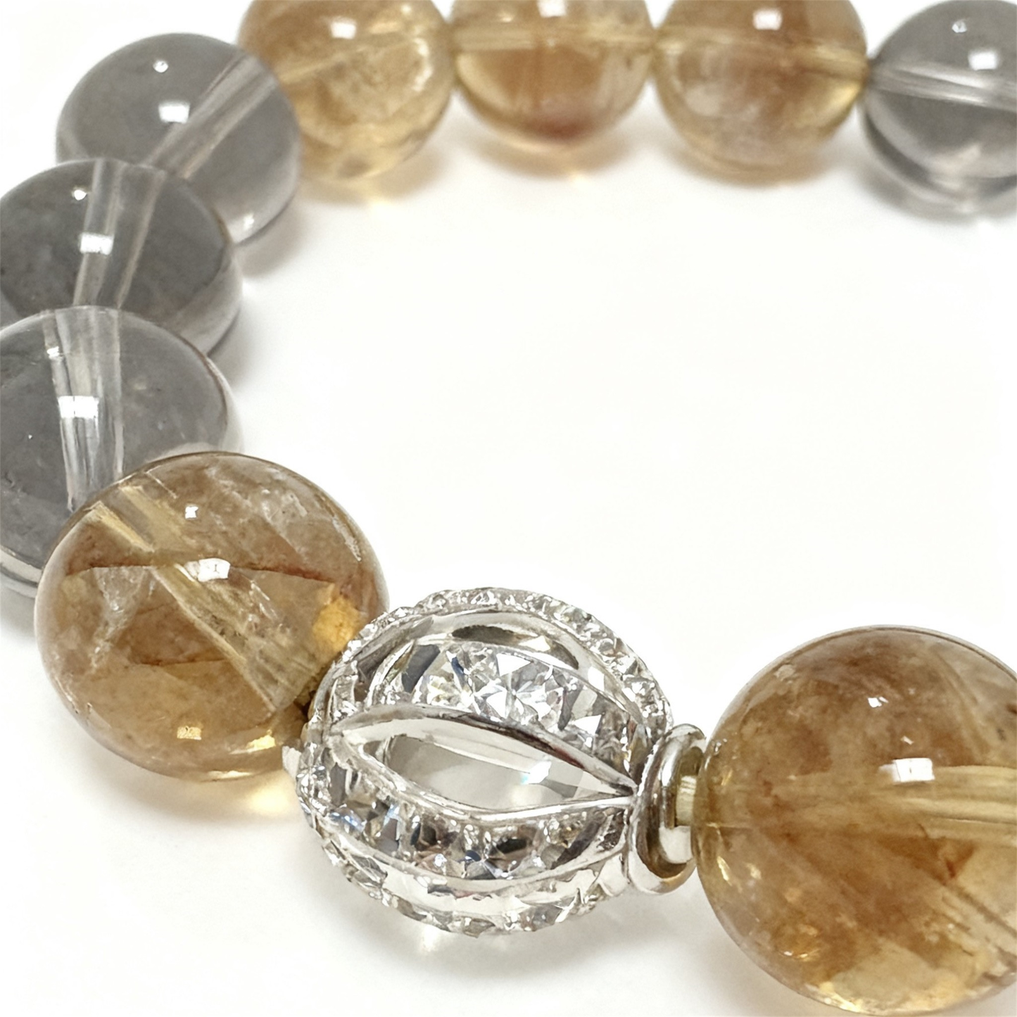 Citrine Crystal Bracelet Detail - Yellow Tower Crystal and Smoky Quartz Beads