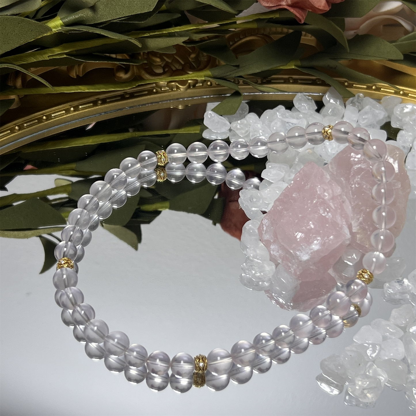 Rose Quartz Double Layer Bracelet on Wrist - Love Stone Heart Chakra Healing Jewelry for Women