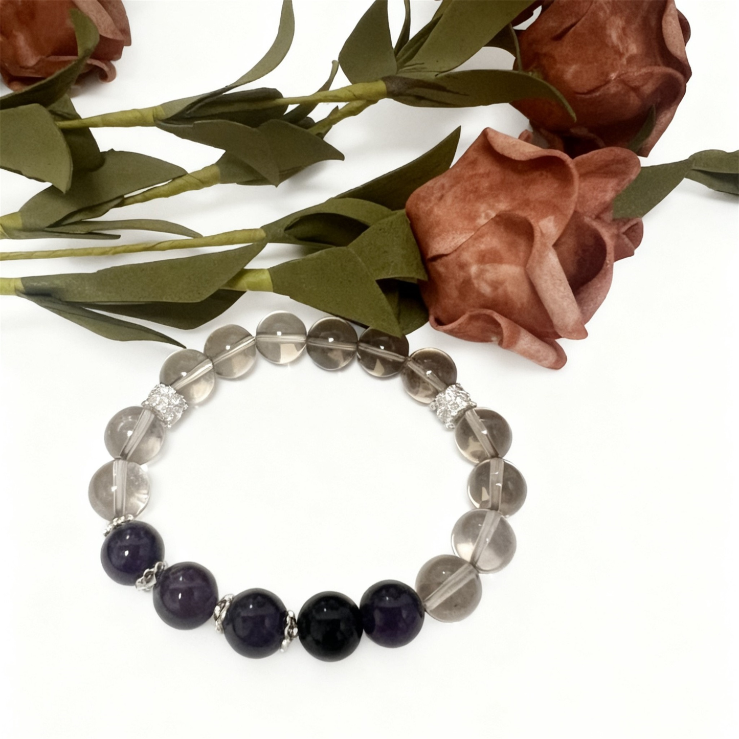 Natural Smoky Quartz Amethyst Bracelet on Wrist - Protection and Wisdom Crystal Jewelry for Women