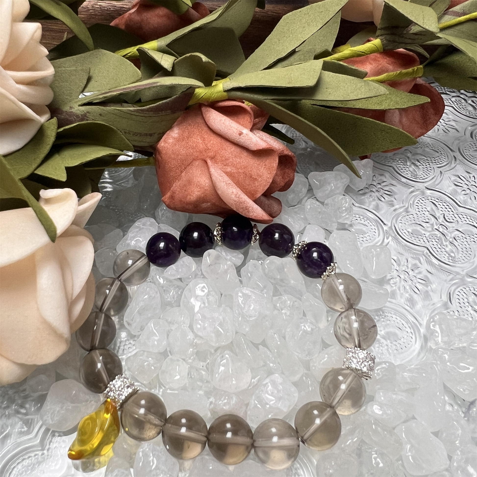 Uruguayan Amethyst Gemstone Detail - Rare Purple Crystal with Smoky Quartz Healing Bracelet