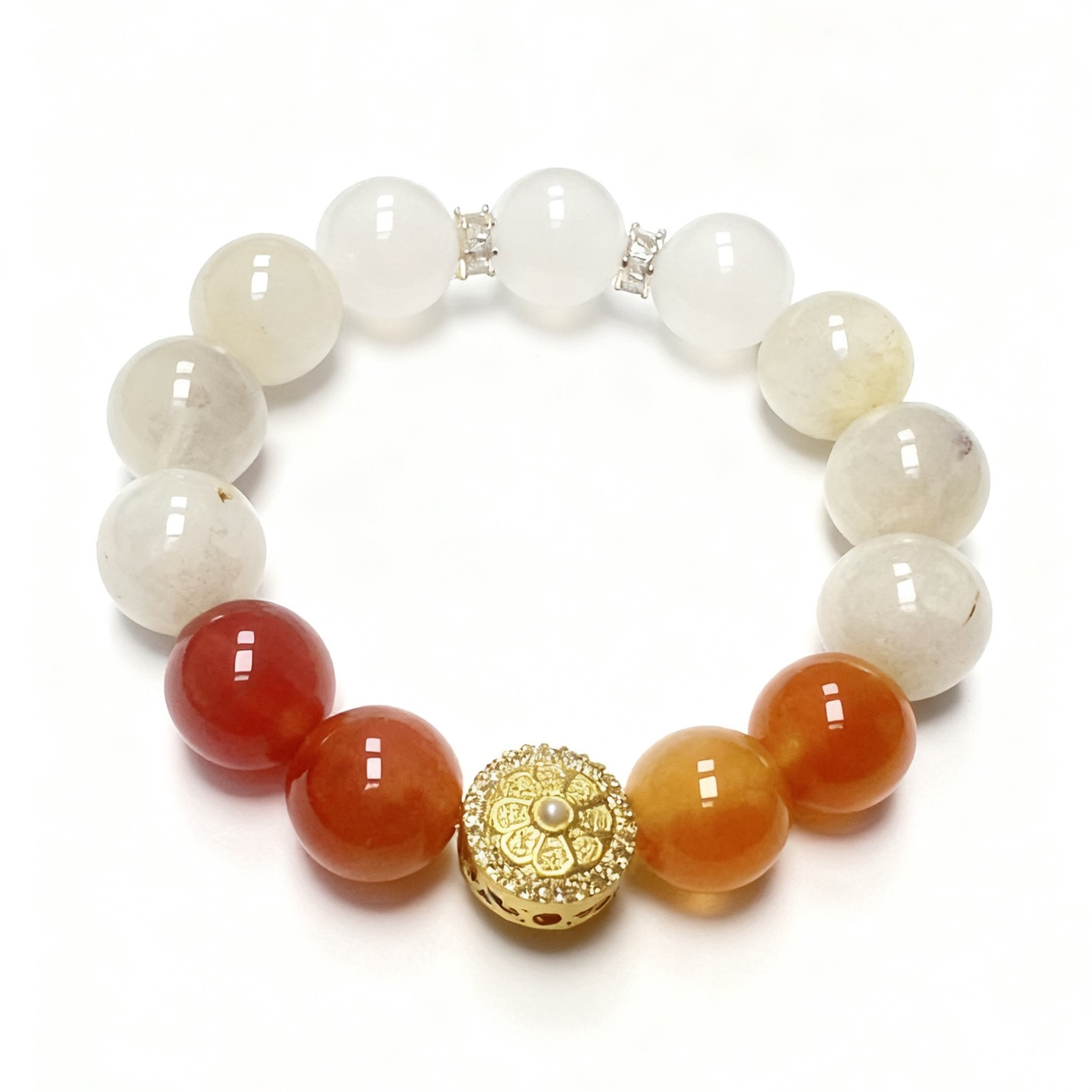 White and Original Agate Crystal Bracelet with Tibetan Compass Charm - 12mm Ethnic Healing Jewelry for Spiritual Guidance