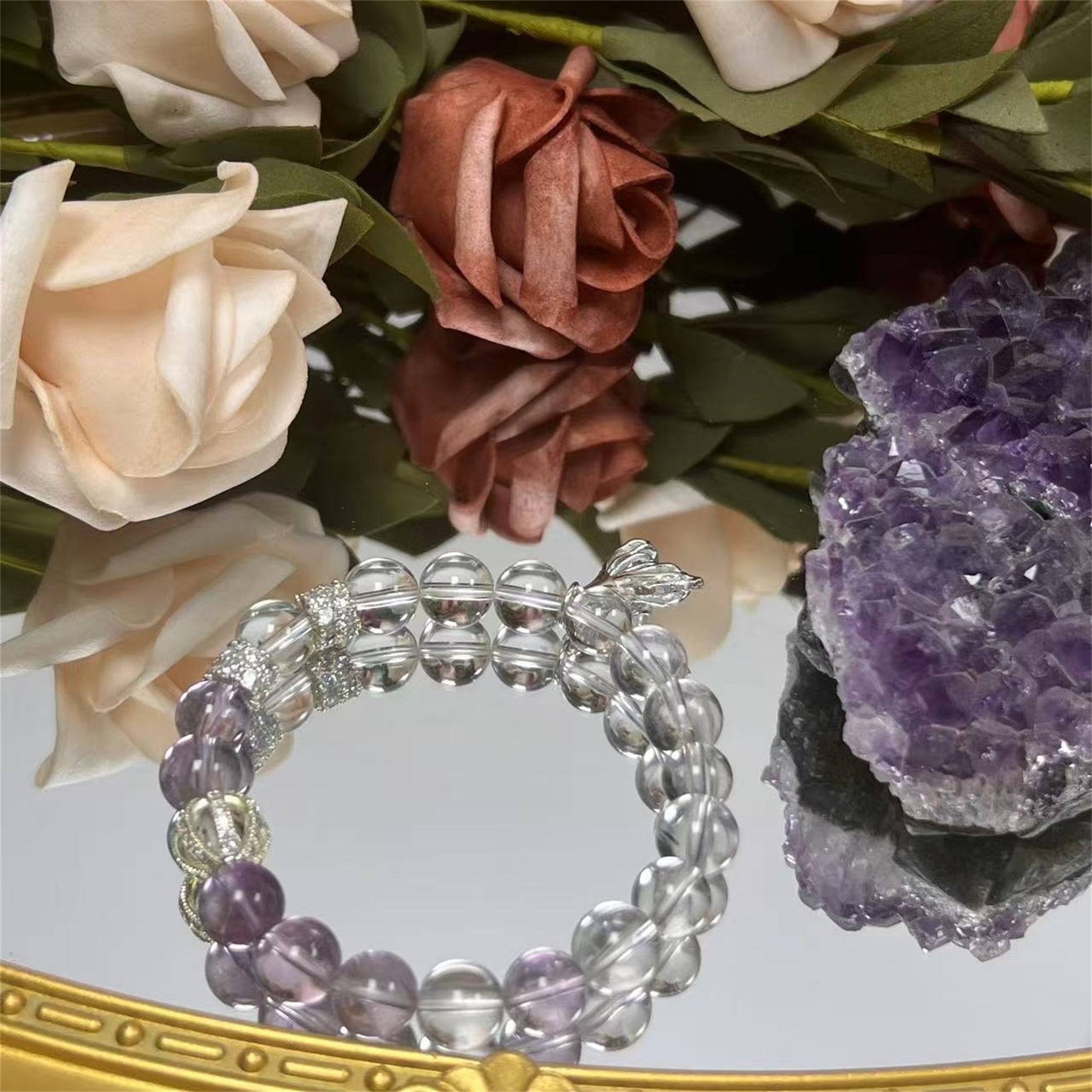 Natural Clear Quartz and Amethyst Beads Close-up - Purple and Clear Crystal Bracelet Detail