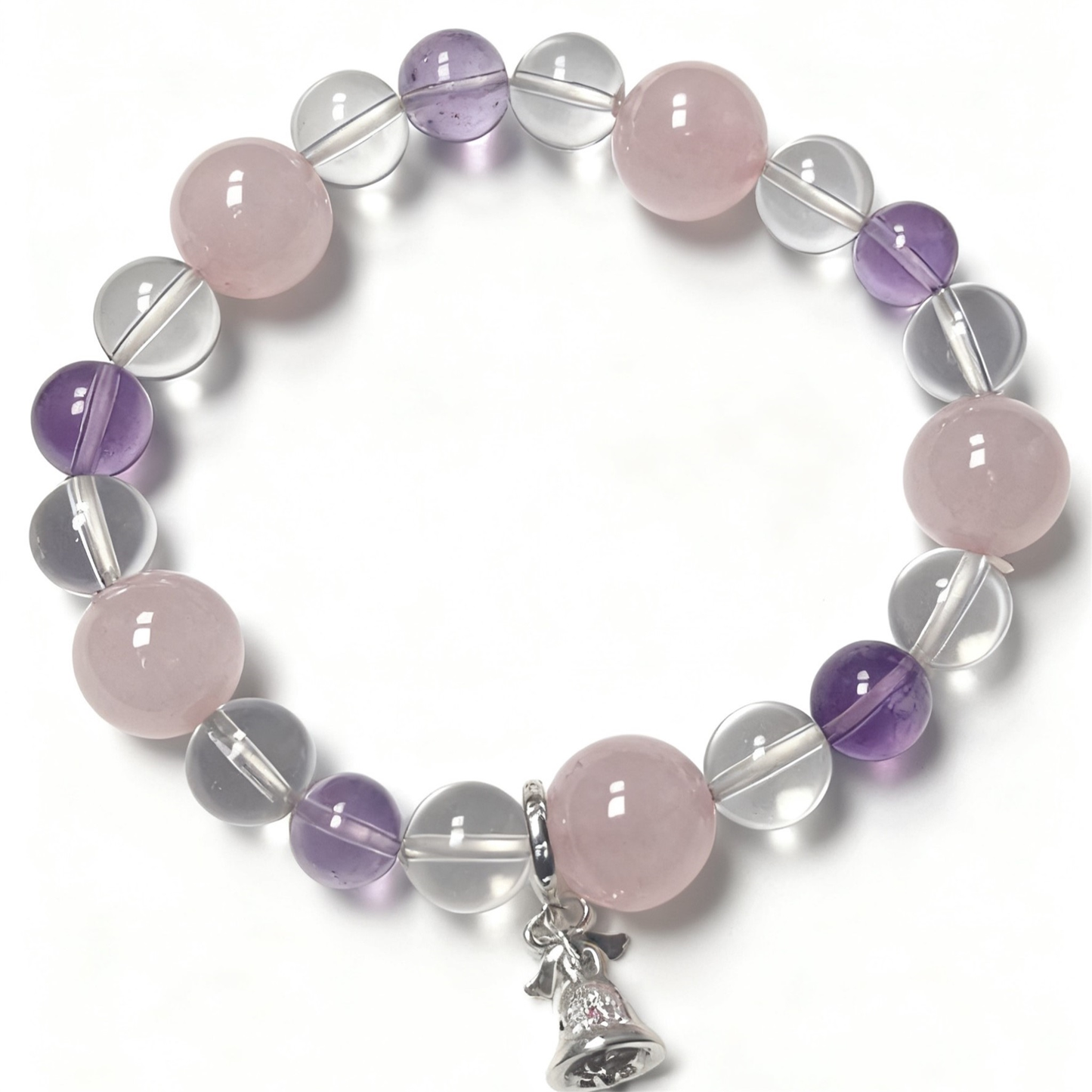 Rose Quartz, Amethyst & Clear Quartz Libra Bracelet with Bell Charm - Zodiac Crystal Healing Jewelry for Balance and Harmony
