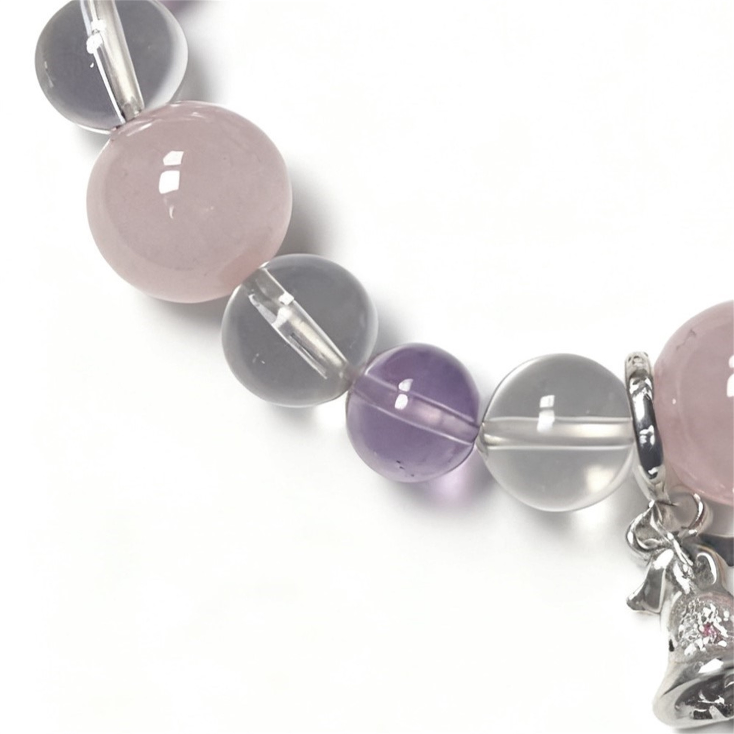 Libra Zodiac Bracelet Detail - Natural Rose Quartz, Amethyst and Clear Quartz Beads Close-up with Delicate Bell Charm