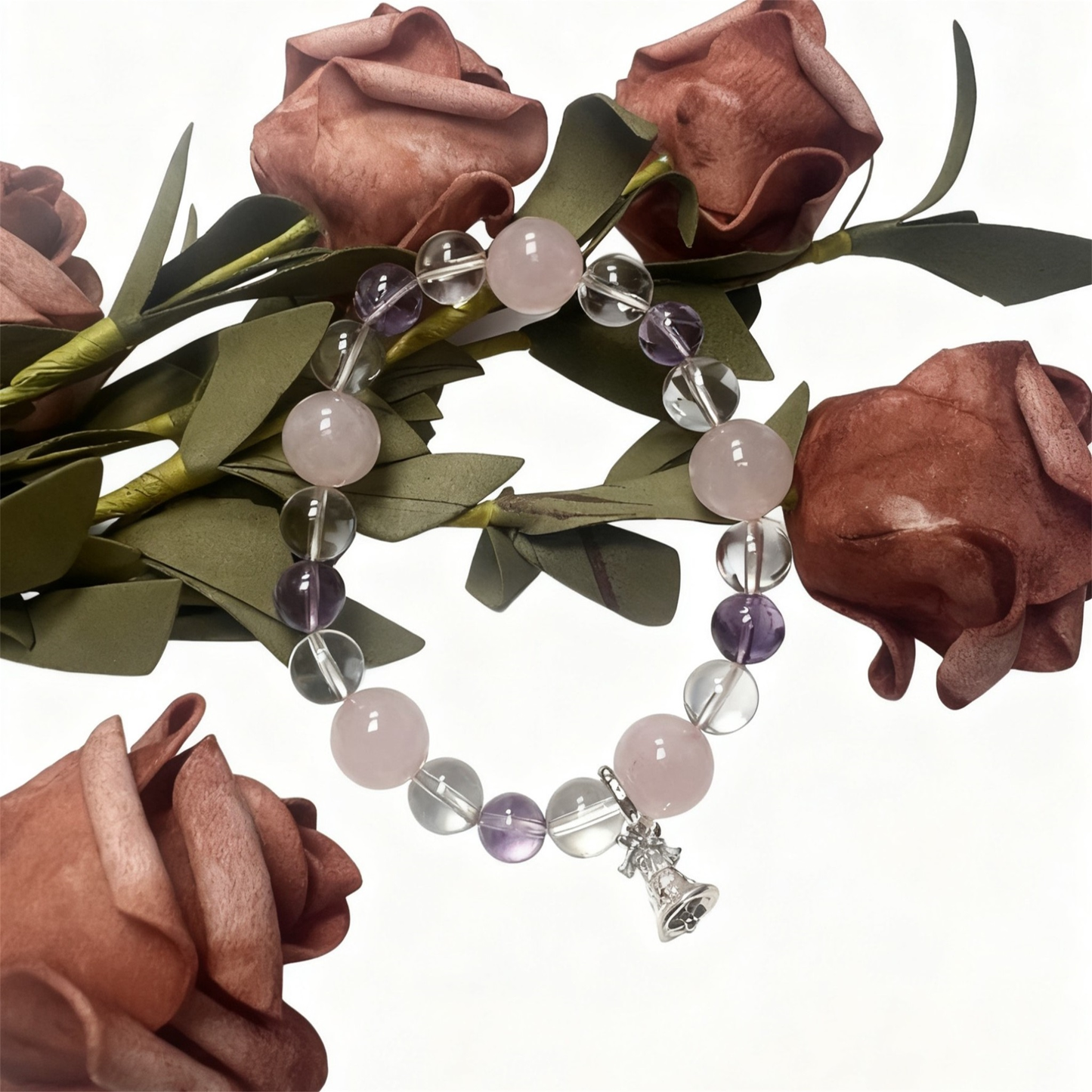Triple Crystal Libra Bracelet - Pink Rose Quartz, Purple Amethyst and Clear Quartz for Love, Wisdom and Emotional Balance