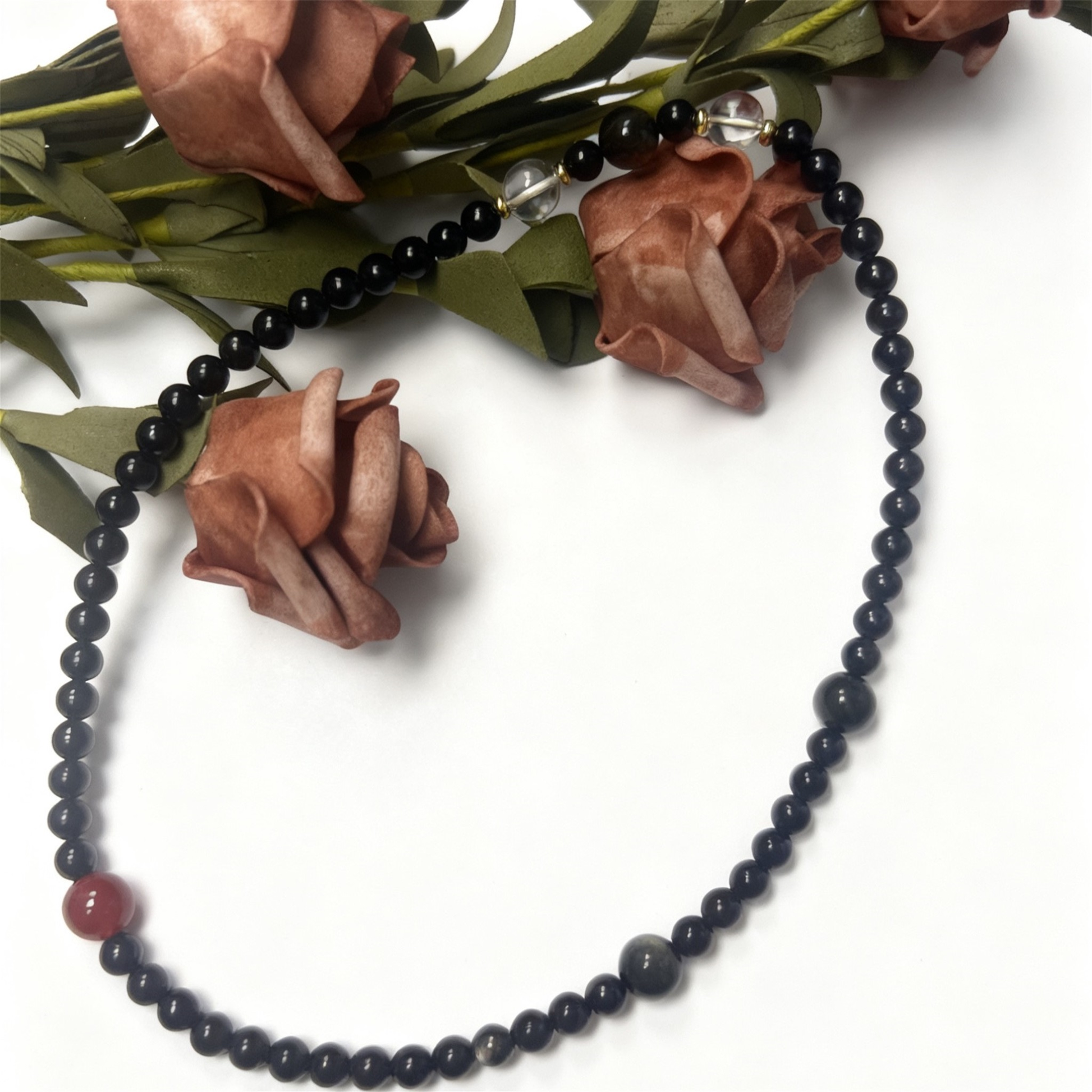 Black obsidian and golden obsidian beads detail - Handcrafted protection bracelet with natural crystals