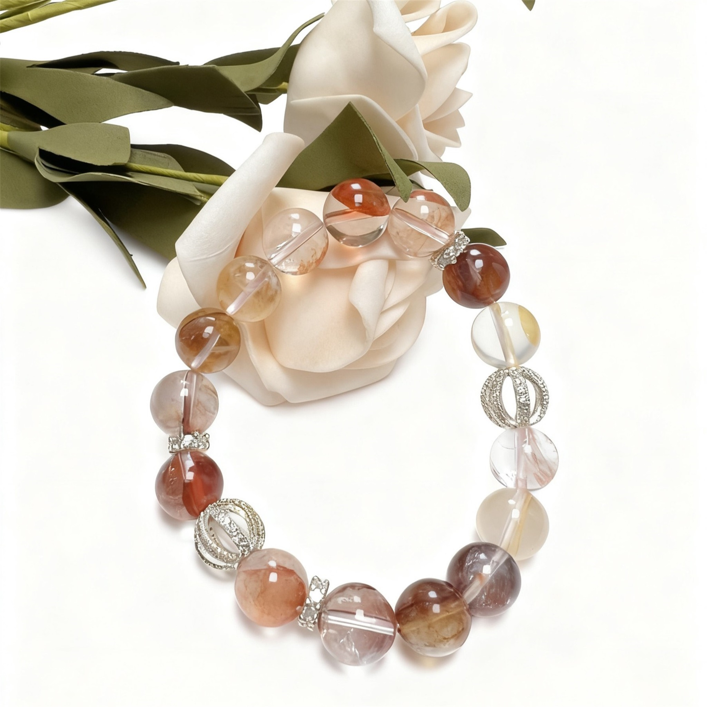 Natural garden quartz bracelet featuring koi fish symbol - Handcrafted crystal jewelry for career success and wealth