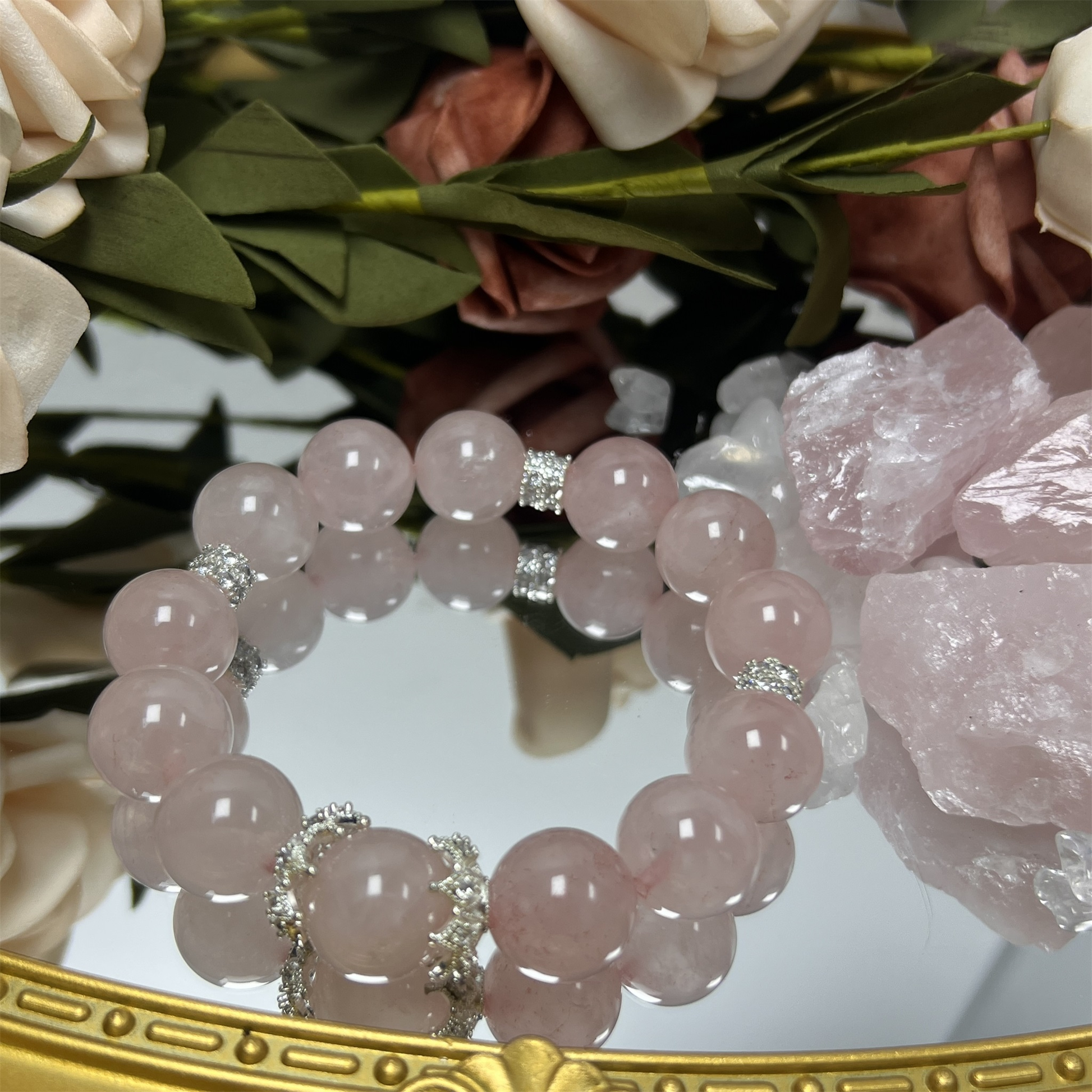 Handcrafted Rose Quartz Crystal Bracelet - 13mm Stone of Love Healing Jewelry for Women