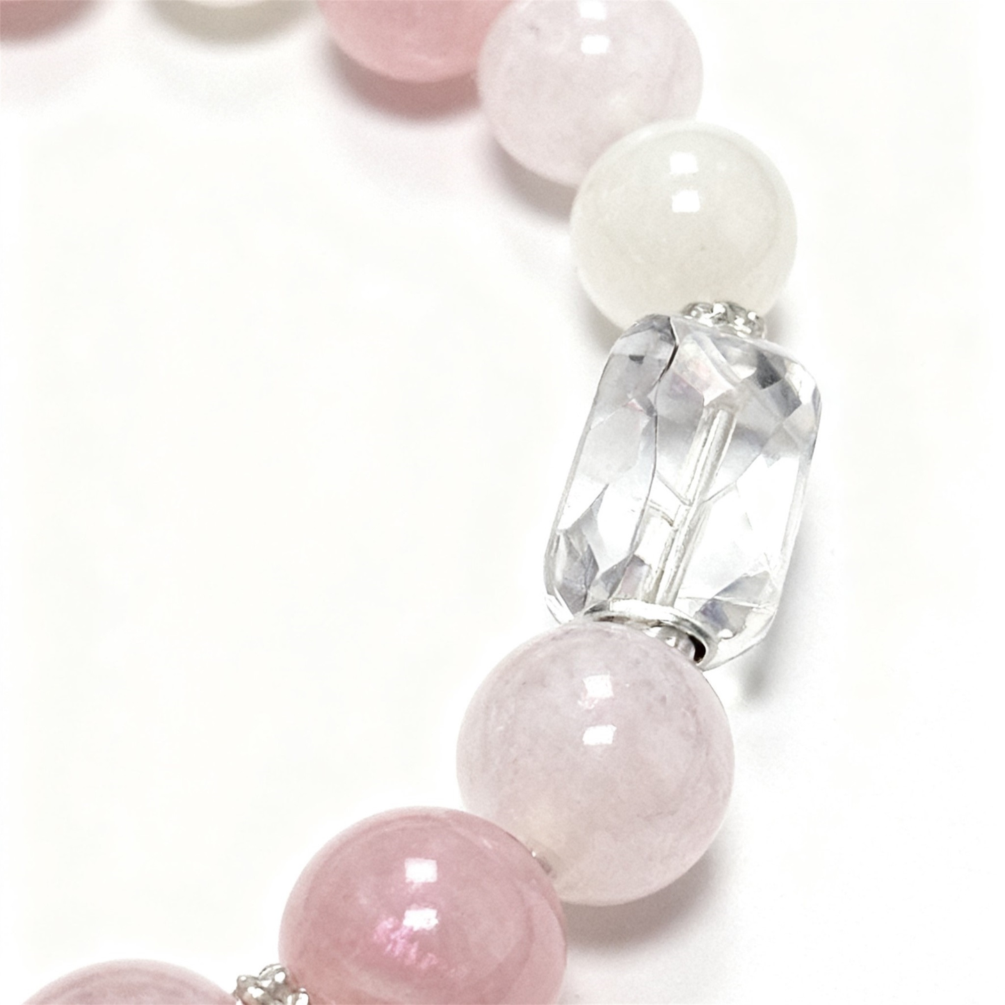 Natural Rose Quartz White Agate Clear Quartz Beads Close-up - Premium Triple Crystal Bracelet Detail