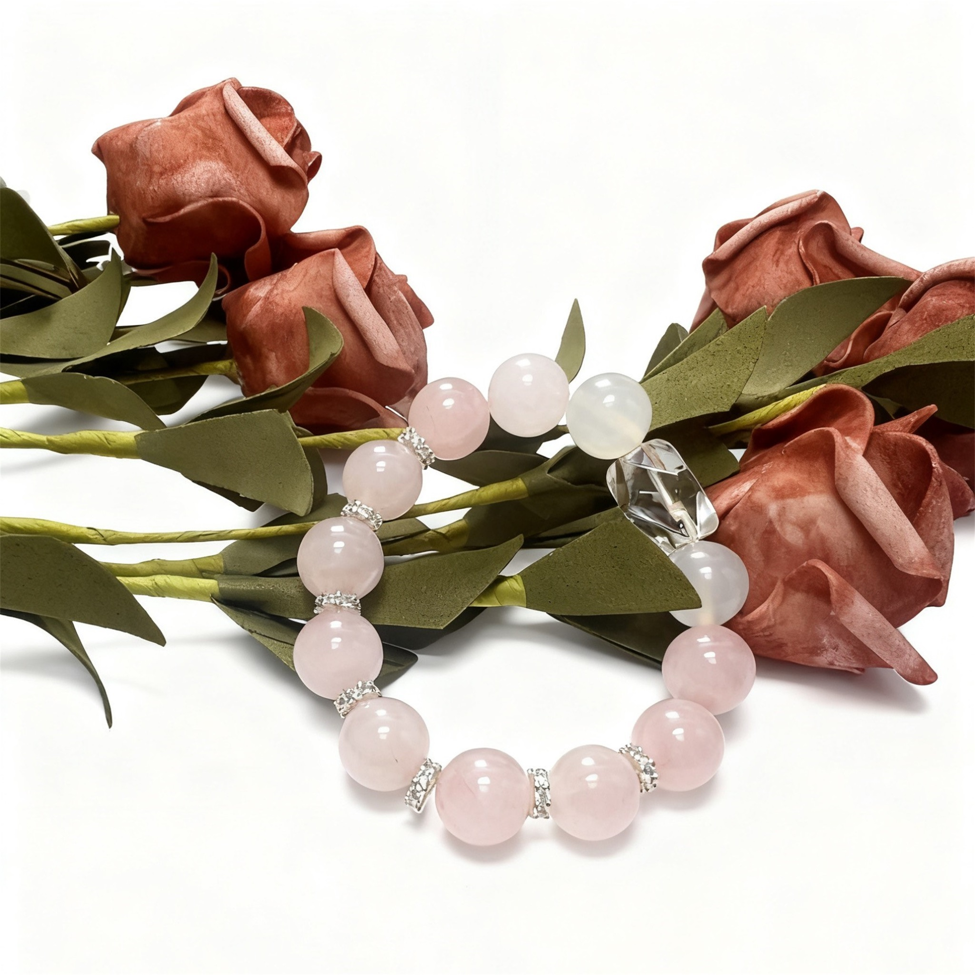 Rose Quartz Agate Clear Quartz Bracelet - Three Sacred Stones Harmony Crystal Jewelry for Women