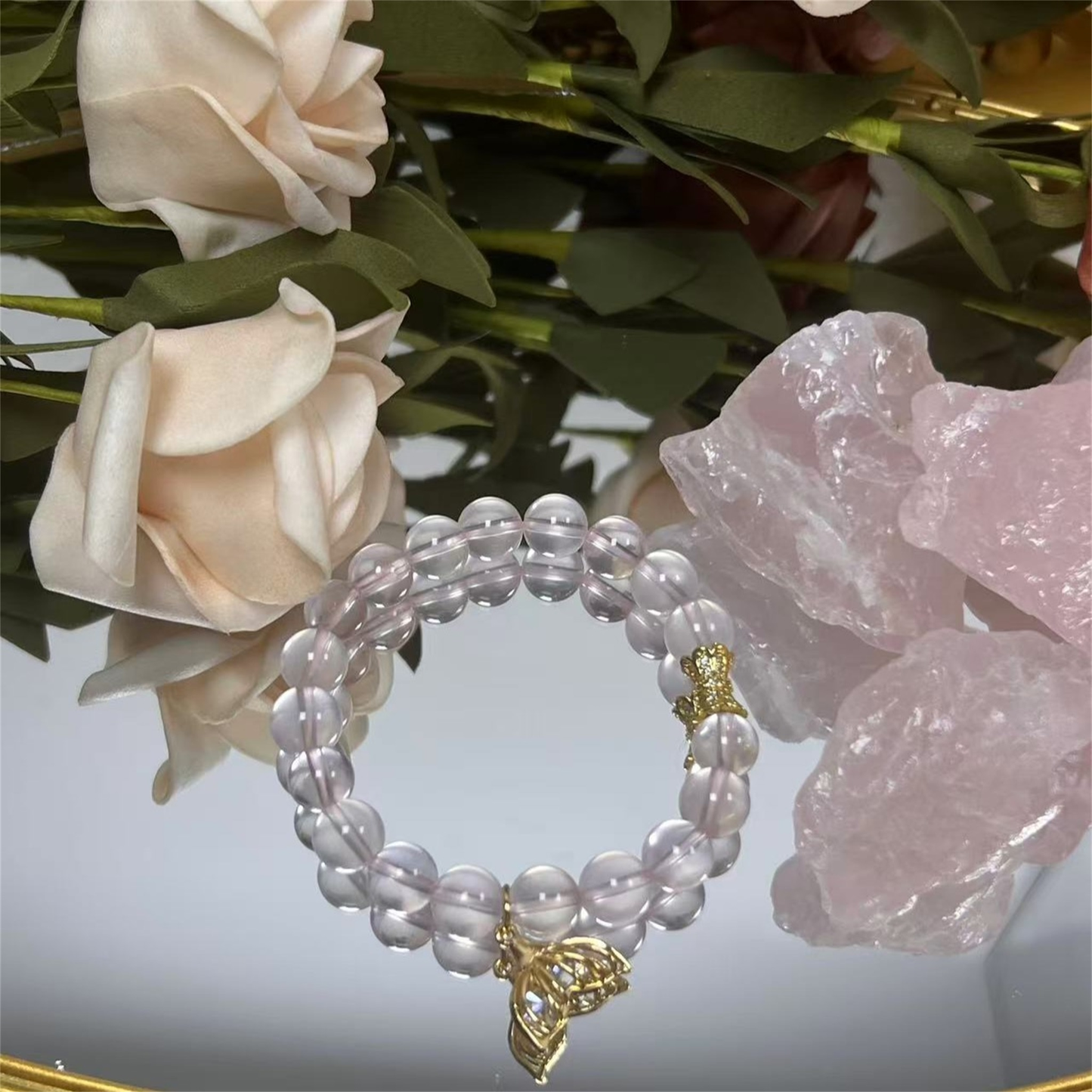 Natural Rose Quartz Crystal Bracelet - Stone of Love Healing Jewelry for Emotional Balance