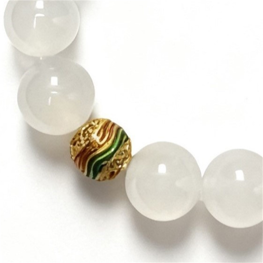 White Agate Bracelet Close-up - Natural Gemstone Beads Detail with Milky White Patterns